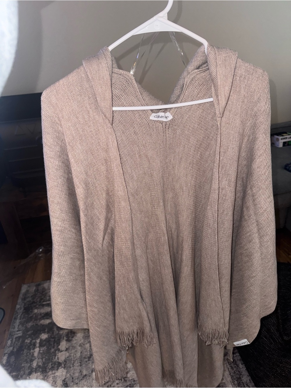 Calvin Klein Beige Hooded Open-Front Fringe Cardigan
